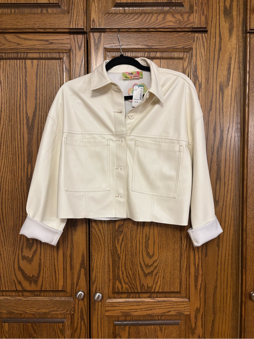 Cropped Cream Vegan Leather Jacket - Women's Button Front size medium
